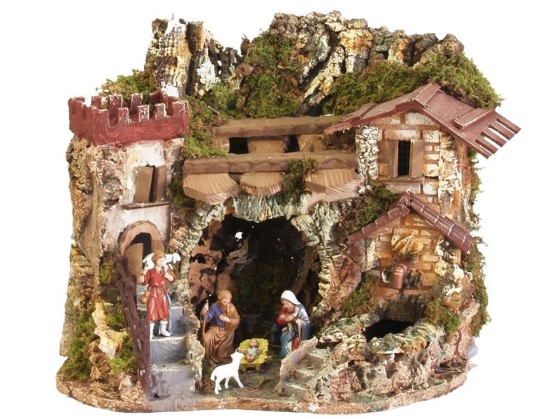 grotta per presepe con statuine 8 cm e fontana con acqua che scorre, 220v, legno/stucco/plastica, 38x28x28 cm