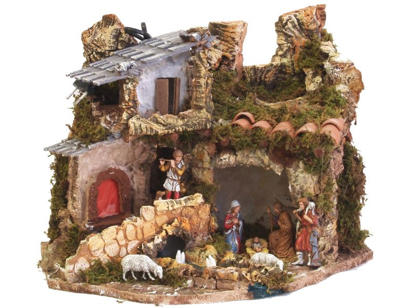 paesaggio per presepe con statuine 7/8 cm, case e luce effetto fuoco, 220v, materiali vari, multicolore, taglia unica