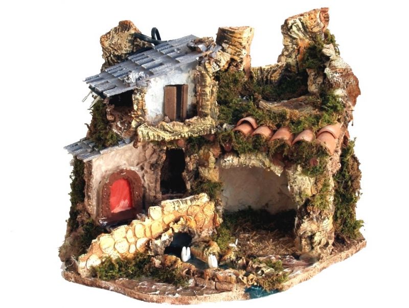 paesaggio per presepe con case e luce effetto fuoco, 220v, per statuine 7/8 cm non incluse, materiali vari, multicolore, taglia unica