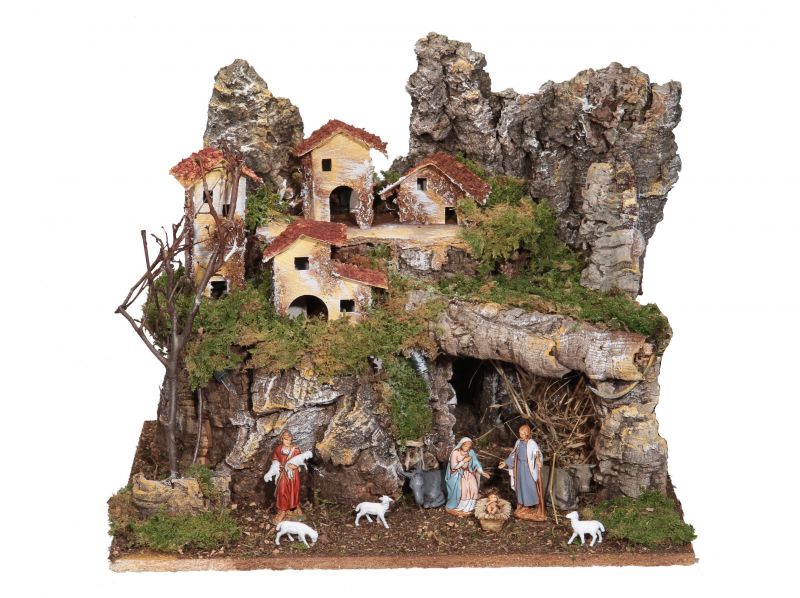 villaggio presepe completo con casette, luci e statuine da 6,5 cm, legno, multicolore, 38x28x30 cm