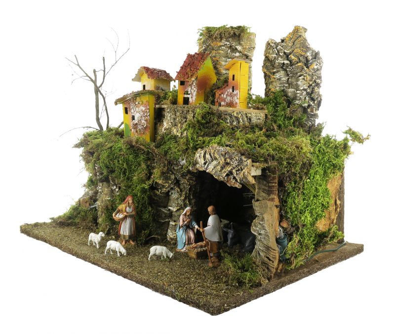 villaggio presepe completo con casette, luci e statuine da 6,5 cm, legno, multicolore, 38x28x30 cm