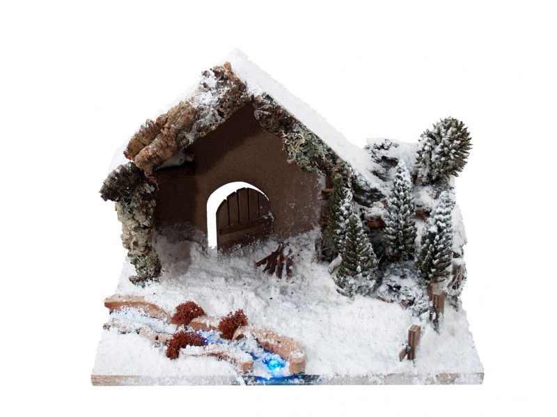 capanna innevata con fiume luminoso e fuoco – bertoni presepe linea natale