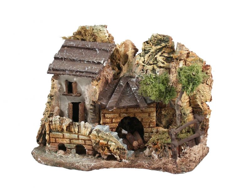 casa con rimessa legna per presepe, casetta per presepi bertoni linea natale, legno/carta/stucco, 13x25x19 cm