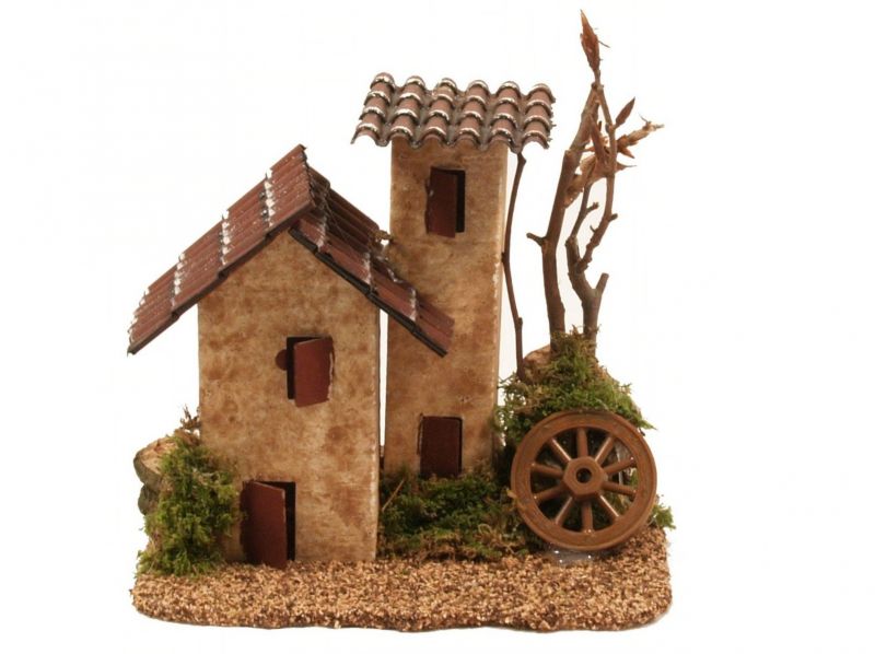 casette per presepe, casetta e torretta con tettoie rosse per presepe tradizionale bertoni, 15x10x14 cm circa