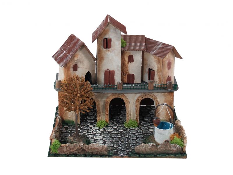 borgo con piazza e archi per presepe, ambientazione villaggio prepese linea bertoni, 21 x 25 x 22 cm