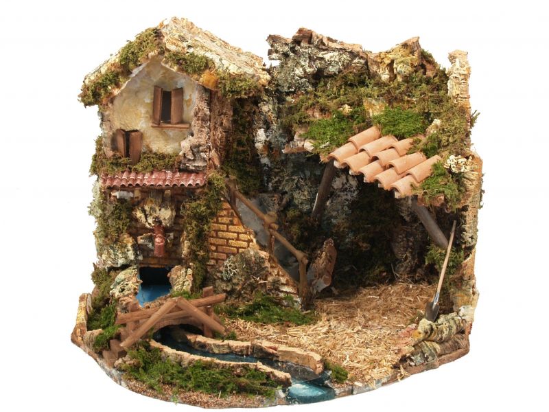 villaggio con capanna, casa, fontana con acqua che scorre e tratto di fiume, alim. 220v, 38 x 28 x 28 cm