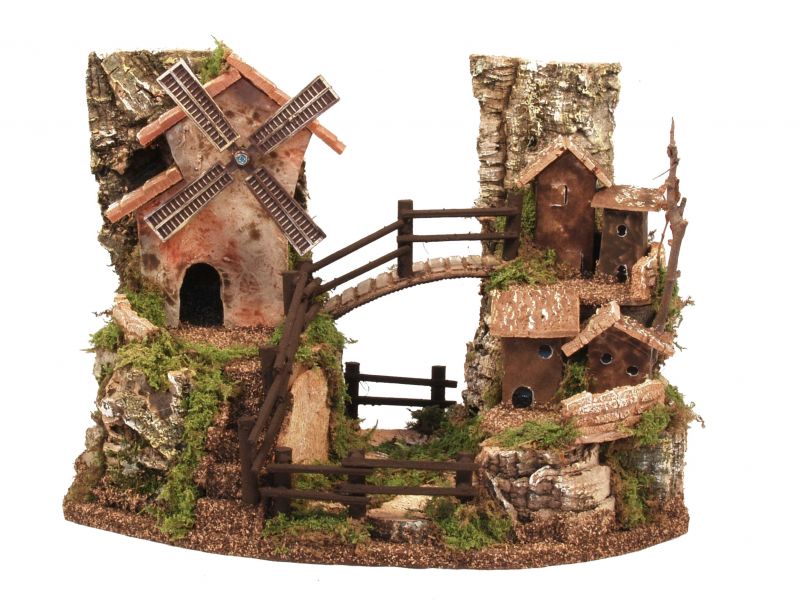 paesaggio di montagna per presepe, paese con mulino a vento che si muove, case e ponte, legno/stucco, 30 x 20 x 24 cm