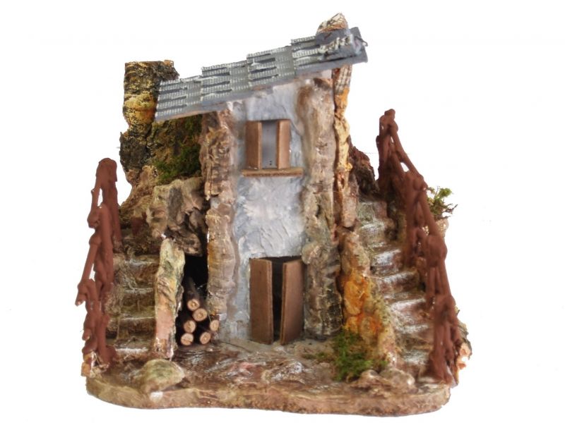 casetta rustica con doppia scalinata, casa in miniatura per presepe, materiali vari, multicolore, 20x15x17 centimetri