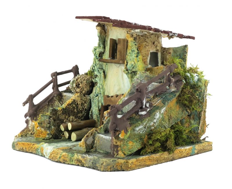 casetta rustica con doppia scalinata, casa in miniatura per presepe, materiali vari, multicolore, 20x15x17 centimetri