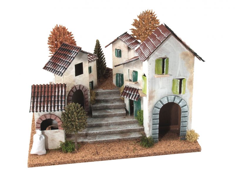 borgo rustico per presepe con scalinata, case e forno con luce effetto fuoco a batteria, 38x28x28 cm circa