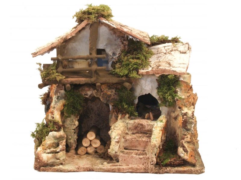 casa di campagna con effetto fuoco per presepe, 220v, bertoni presepe linea natale, materiali vari, 16x22x18 cm