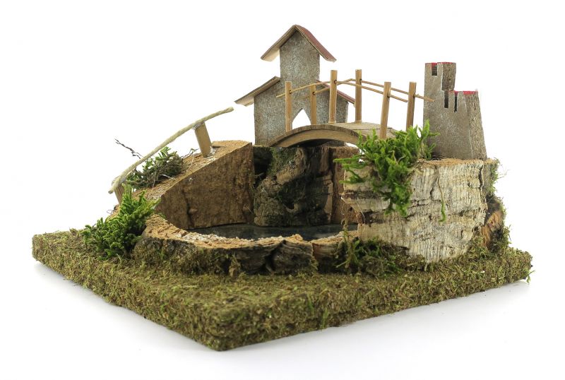 laghetto di montagna per presepe, parte finale di fiume componibile, legno, 20x20x14 cm