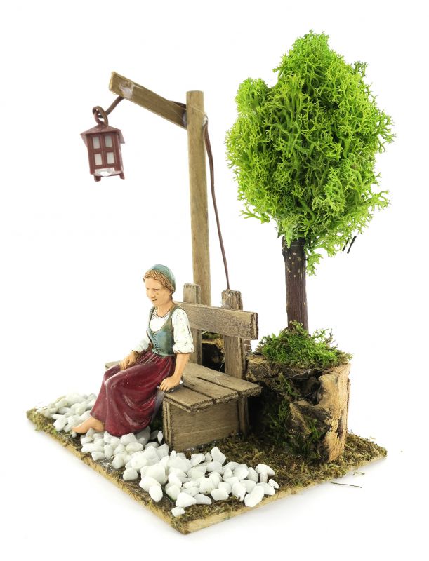 statuina donna seduta su panchina con lampione, 3,5 volts, necessita trasformatore non incluso, plastica e legno, 12 x 16 x 9 cm