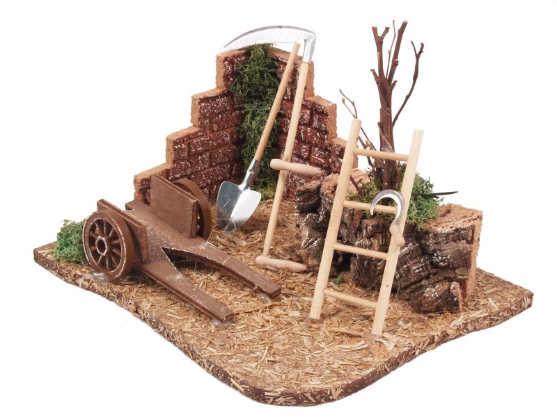 angolo del contadino con attrezzi per presepe, decorazione presepe tradizionale bertoni, 19 x 15 x 13 cm