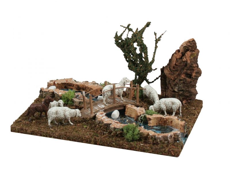 tratto di fiume per presepe con gregge e ponticello, bertoni linea natale, legno e plastica, multicolore, 26 x 18 x 15 cm