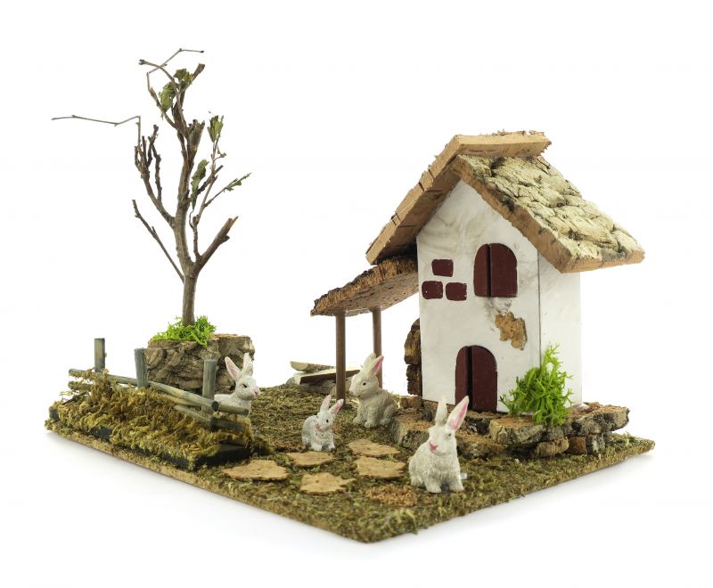 casetta dei conigli in miniatura per presepe, linea natale presepi bertoni, legno e resina, multicolore, 19 x 15 x 14 cm