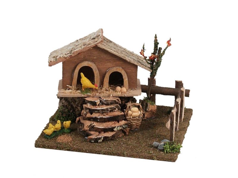 pollaio con aia per presepe, casetta con galline per presepe tradizionale, legno e resina, 15x19x14 cm