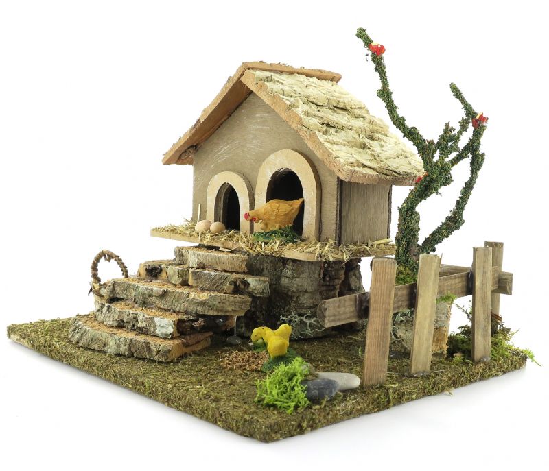 pollaio con aia per presepe, casetta con galline per presepe tradizionale, legno e resina, 15x19x14 cm