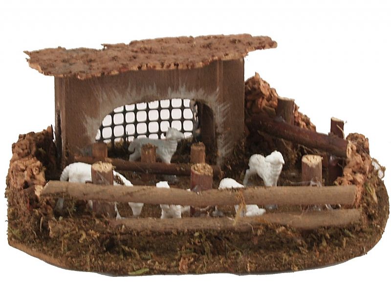 ferrari & arrighetti recinto con pecore per presepe, ovile in miniatura, angolo di campagna con recinto e pecorelle, linea natale presepi bertoni, legno e plastica, multicolore, 13x16x7 cm