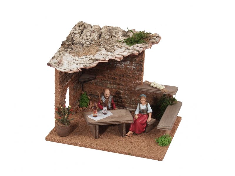 cantina con contadini per presepe, fattori che pranzano, decorazione presepe, legno, 15x19x15 centimetri