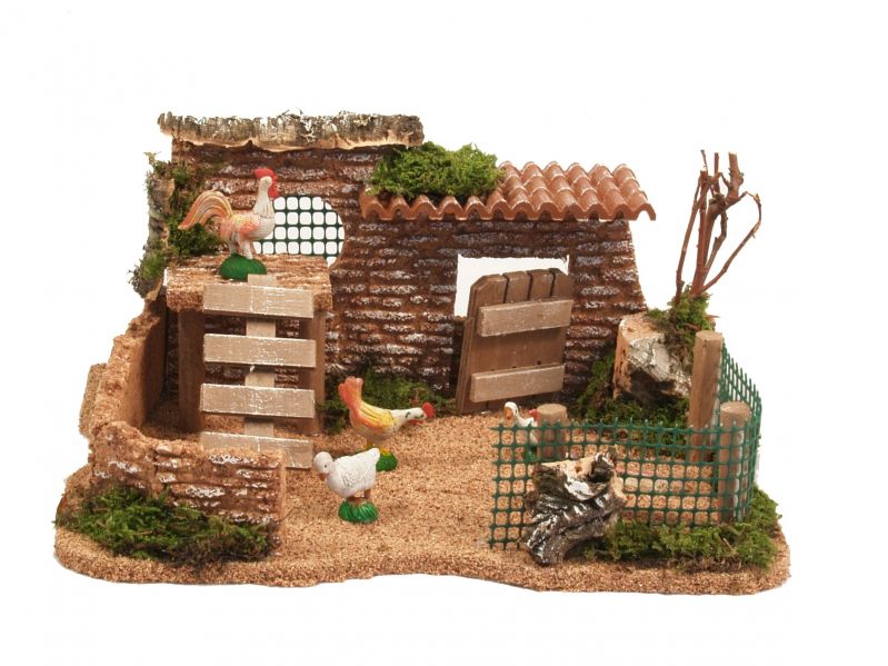 pollaio con galline per presepe, legno / plastica, multicolore, 26 x 18 x 11 cm