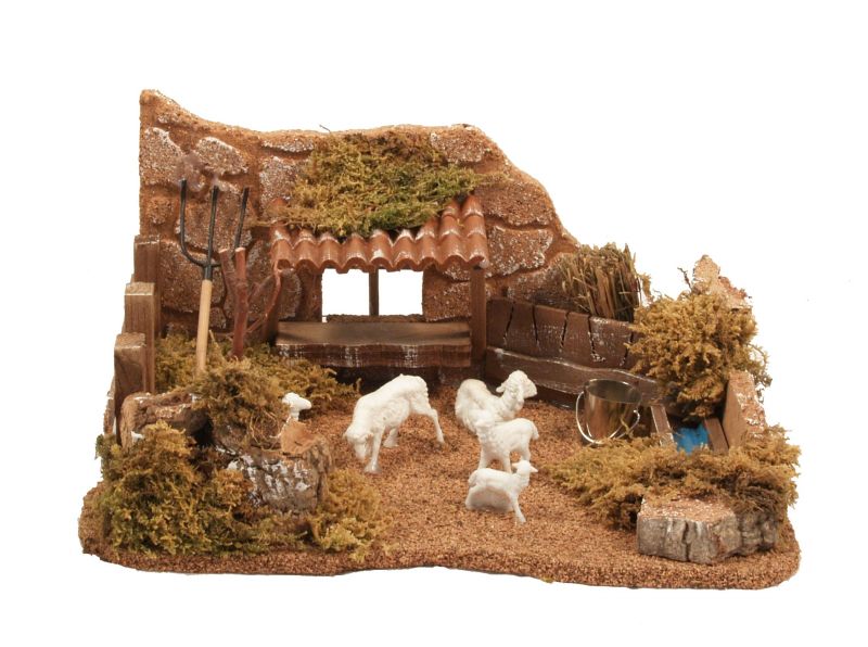 ovile nell'aia con pecorelle per presepe, accessorio per presepe bertoni, legno, multicolore, 26 x 18 x 11 centimetri