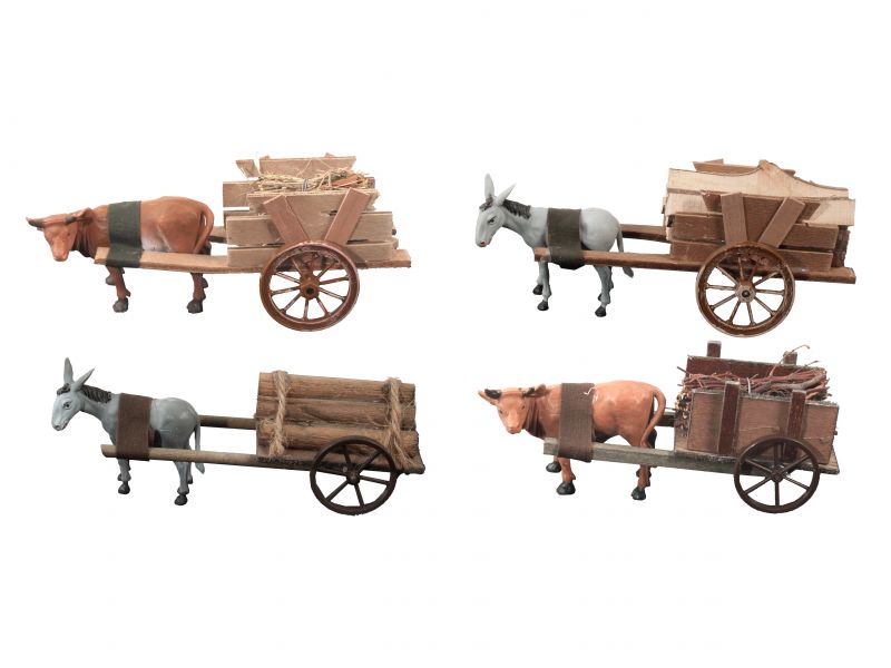 carretti con asino o bue, 4 modelli diversi di carretto - bertoni presepe linea natale