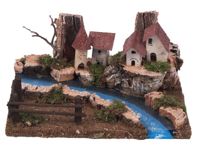 paese su tratto di fiume componibile per presepe, linea natale presepe bertoni, legno, multicolore, 26 x 18 x 11 cm