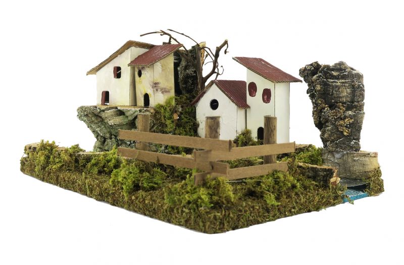 paese su tratto di fiume componibile per presepe, linea natale presepe bertoni, legno, multicolore, 26 x 18 x 11 cm