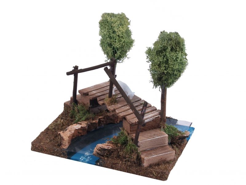 curva di fiume per presepe con ponte e alberi, legno, multicolore, 16 x 12 x 12,5 cm