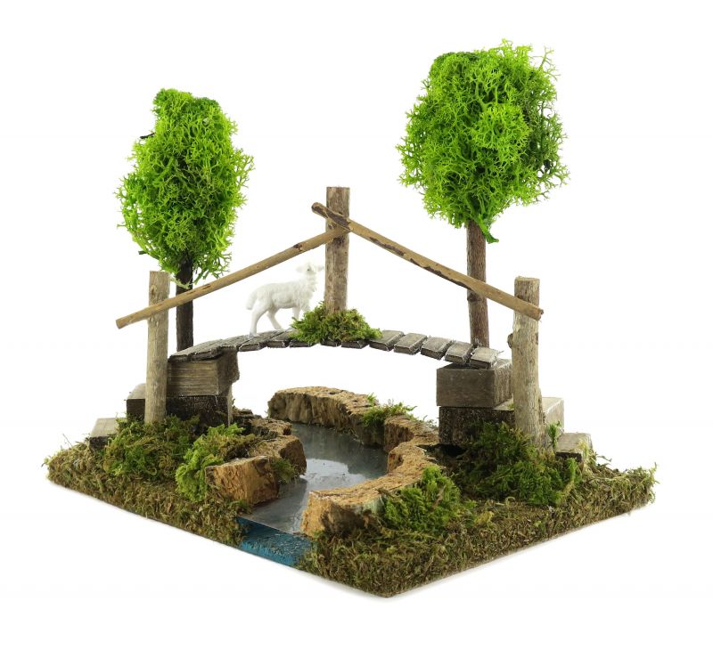 curva di fiume per presepe con ponte e alberi, legno, multicolore, 16 x 12 x 12,5 cm