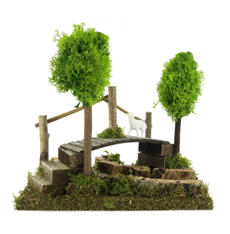 curva di fiume per presepe con ponte e alberi, legno, multicolore, 16 x 12 x 12,5 cm