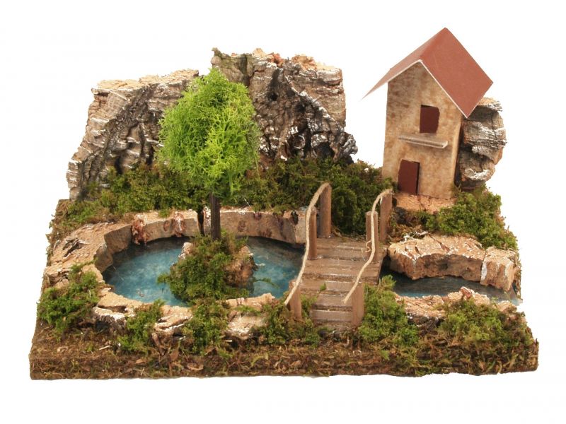 sbocco di fiume nel laghetto con isola per presepe, linea natale bertoni, legno, multicolore, 26 x 18 x 11 cm