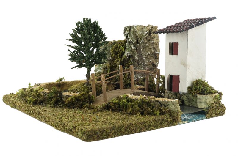 sbocco di fiume nel laghetto con isola per presepe, linea natale bertoni, legno, multicolore, 26 x 18 x 11 cm