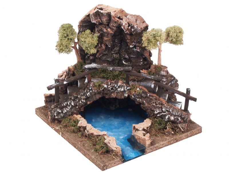 laghetto nella grotta con ponte per presepe, inizio di fiume modulare, sughero e legno, multicolore, 20 x 22 x 20 cm