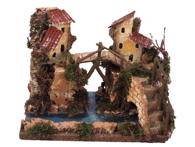 fiume tra montagne con case per presepe, linea natale presepi bertoni, legno, multicolore, 30 x 20 x 24 cm