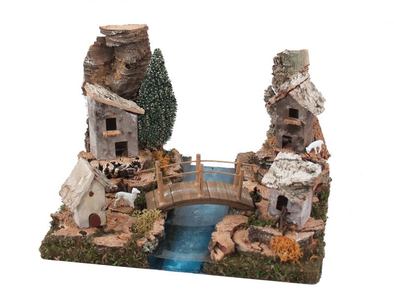 tratto di fiume componibile per presepe, segmento di fiume con case e ponte, legno, 21 x 25 x 17 cm