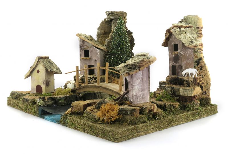 tratto di fiume componibile per presepe, segmento di fiume con case e ponte, legno, 21 x 25 x 17 cm