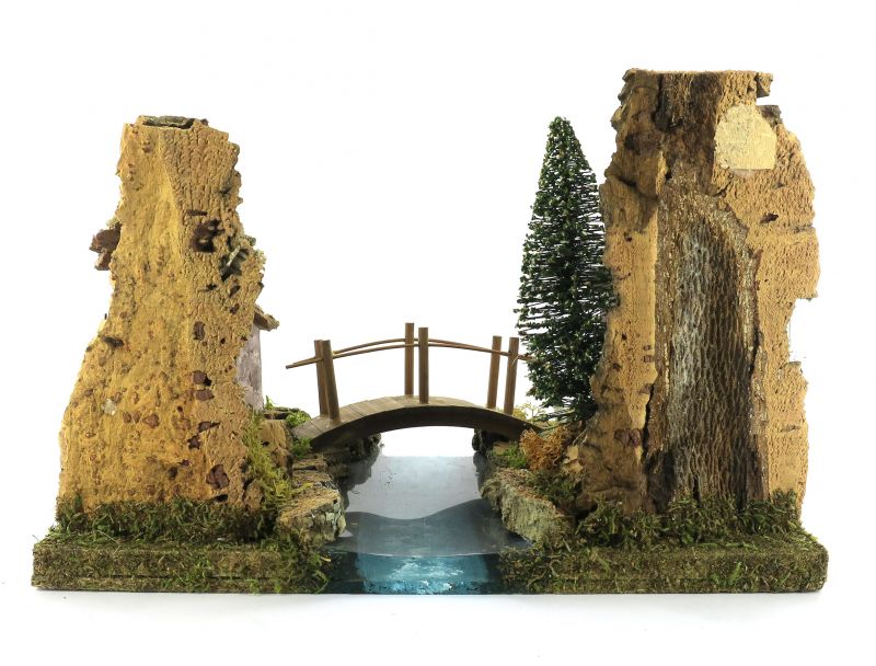 tratto di fiume componibile per presepe, segmento di fiume con case e ponte, legno, 21 x 25 x 17 cm
