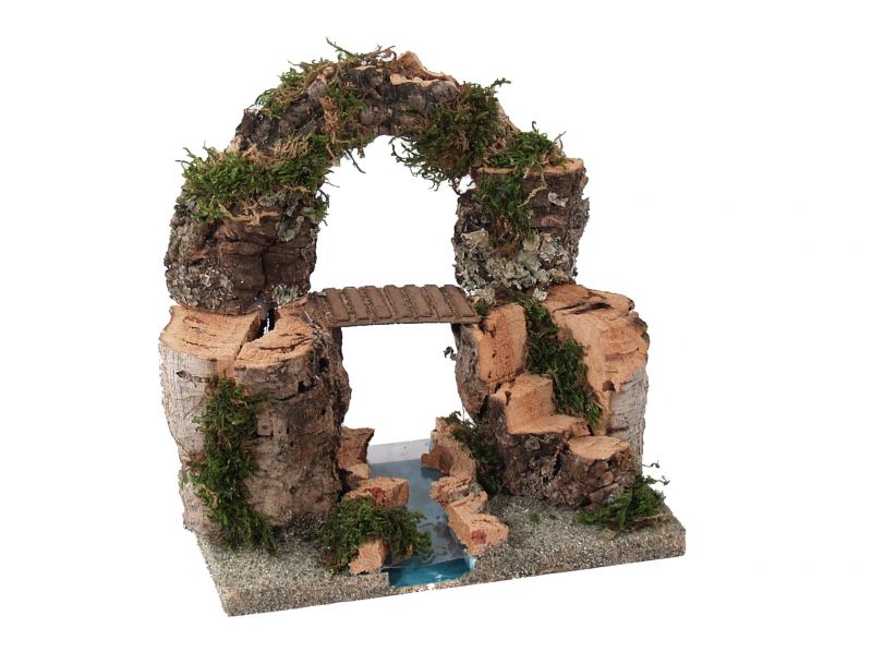 arco con ponte su tratto di fiume per presepe, legno, 16 x 25 x 18 cm