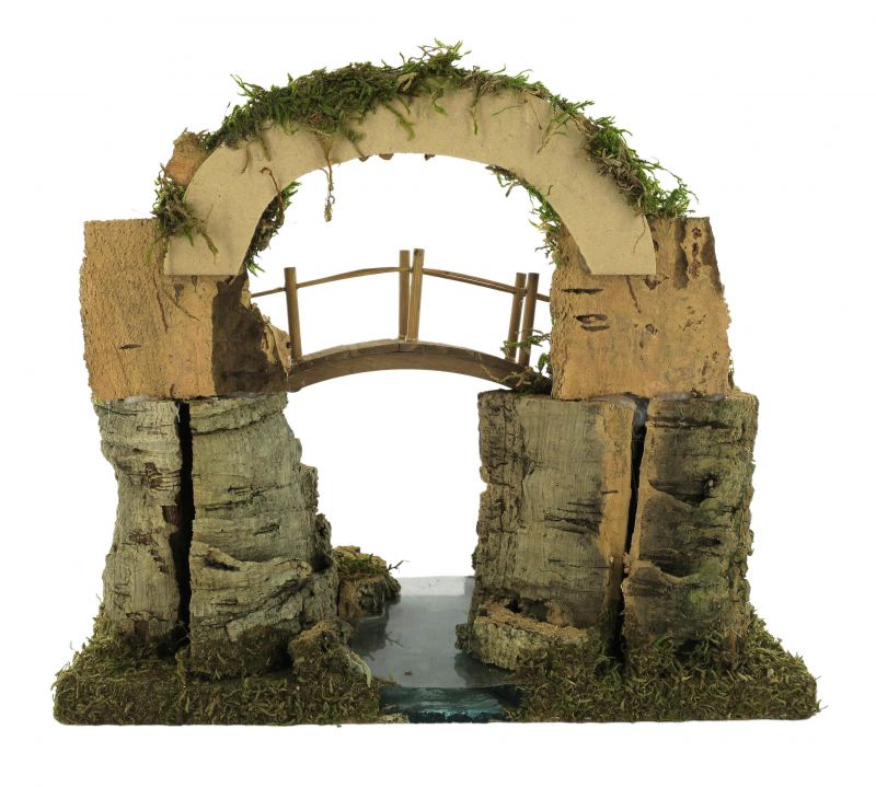 arco con ponte su tratto di fiume per presepe, legno, 16 x 25 x 18 cm