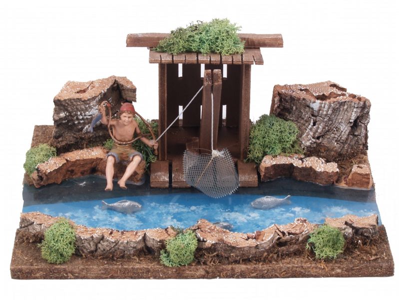 tratto di fiume con pescatore e baracca per presepe, linea natale bertoni, legno, multicolore, 26 x 18 x 11 cm