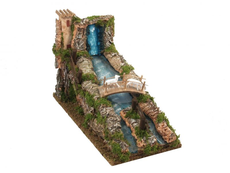 cascata per presepe con corso d'acqua che si sdoppia, inizio fiume componibile/modulare, 35 x 16 x 22 cm