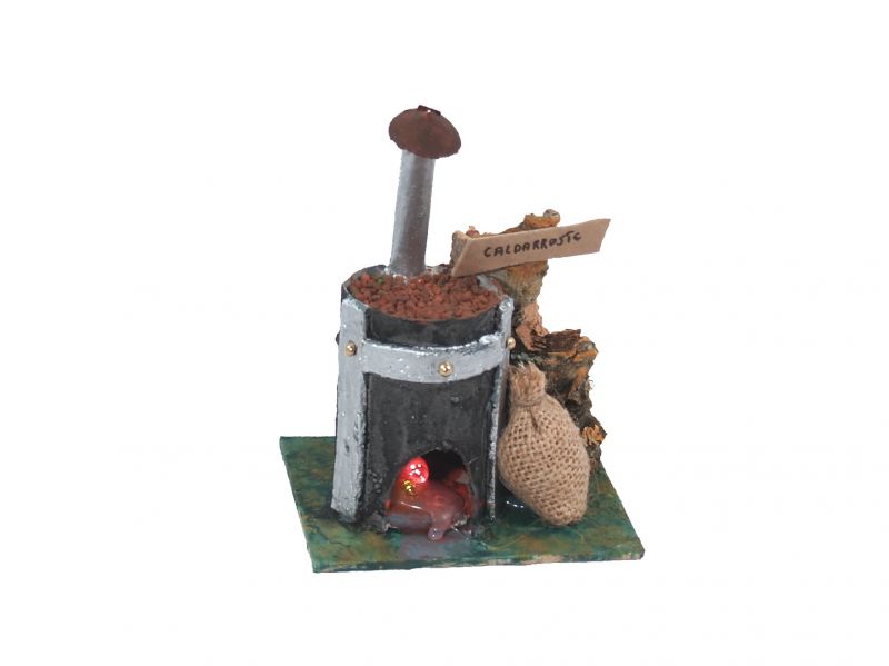 stufa castagnaro con led effetto fuoco, alim. pile/batterie, linea presepe bertoni, 8 x 9 x 14 cm