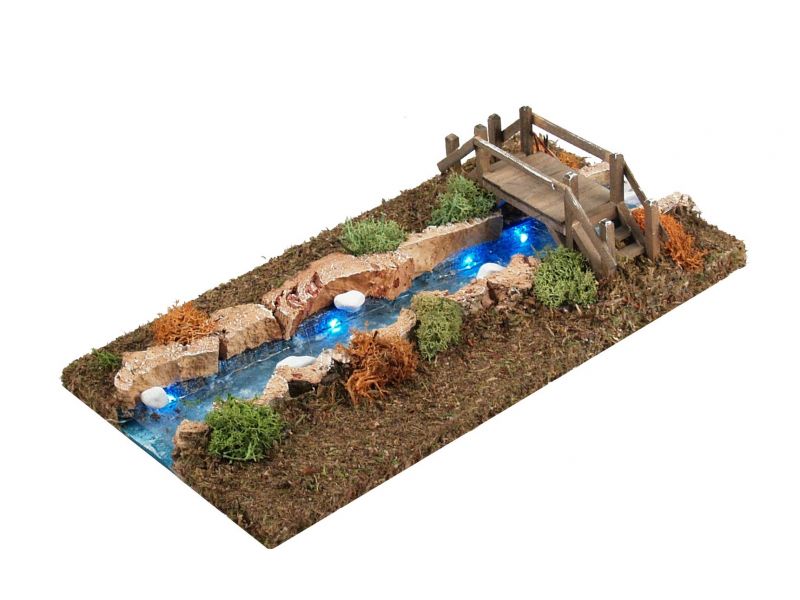 fiume illuminato con luci led per presepe, con ponticello, alimentazione a pile, 17 x 33 x 8 cm