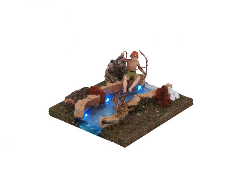 fiume luminoso con statuina pescatore per presepe, tratto di fiume illuminato, bertoni presepe linea natale, 14 x 16 x 8 cm