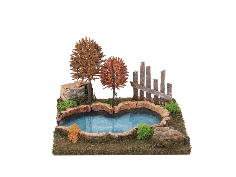 laghetto illuminato con led e alberelli per presepe, segmento finale di fiume modulare/componibile, linea bertoni, legno, 21x25x17 cm