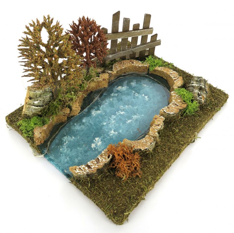 laghetto illuminato con led e alberelli per presepe, segmento finale di fiume modulare/componibile, linea bertoni, legno, 21x25x17 cm