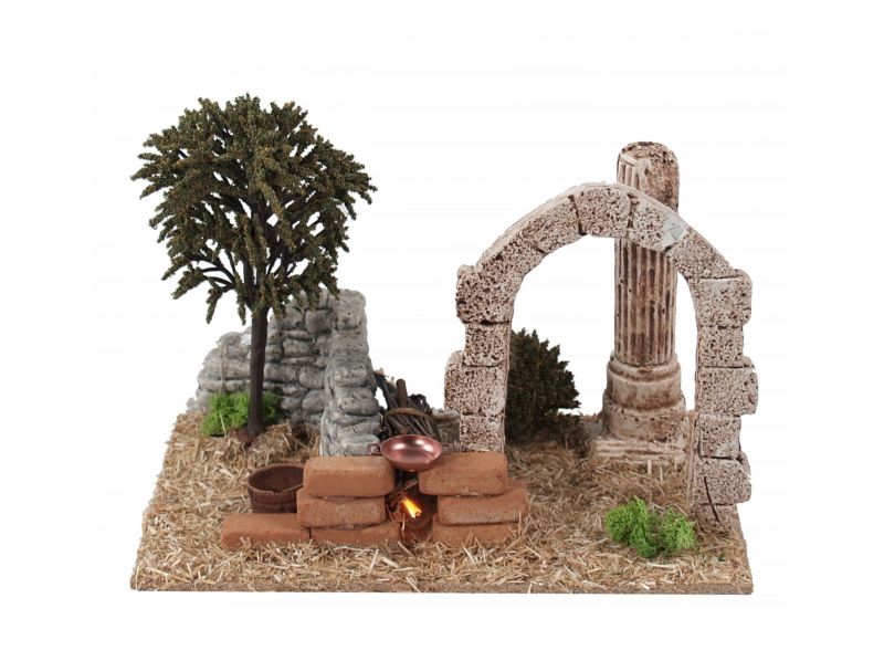 fuoco tra rovine romane per presepe, decorazione stile romano per presepi, 220v, linea bertoni, 24x15x16 cm