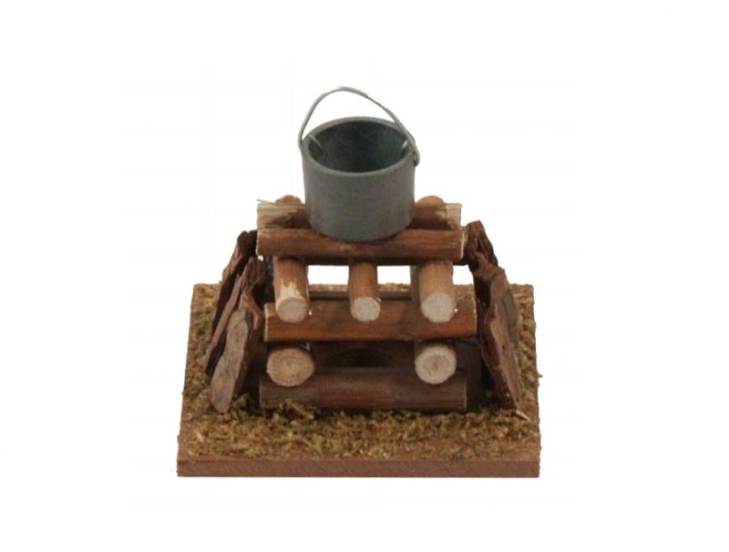 pentolino con lampadina effetto fuoco per presepe, linea bertoni, legno/metallo, 7 x 7 x 7 cm